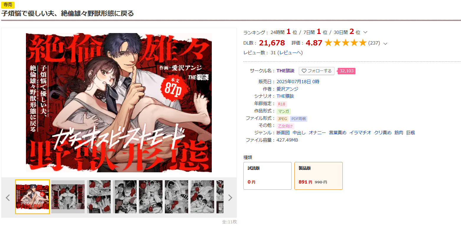 子煩悩で優しい夫、絶倫雄々野獣形態に戻るDLsite